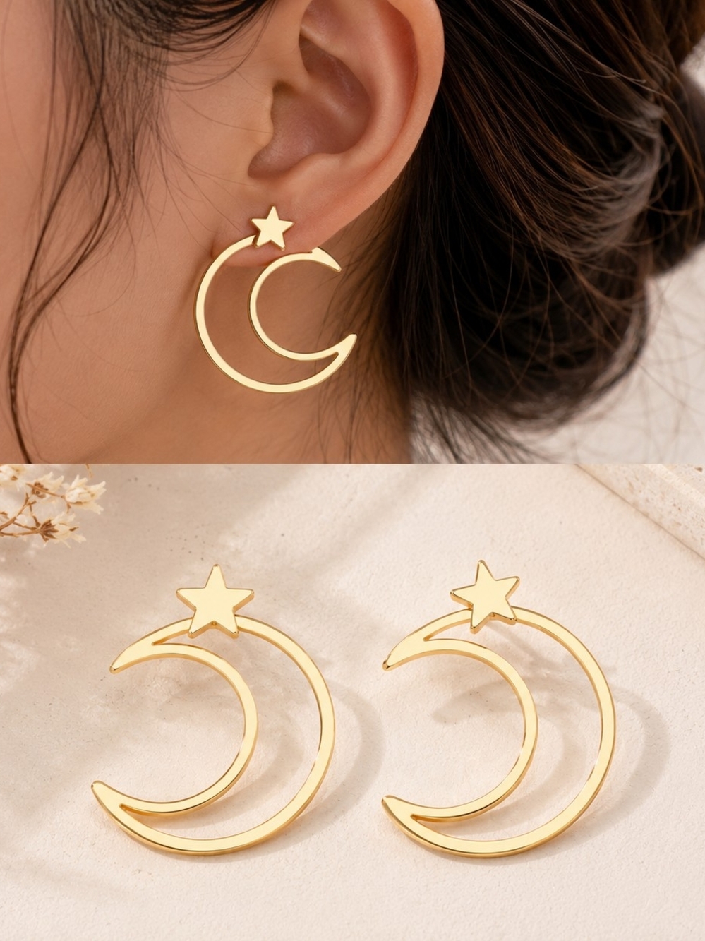 Golden Moonlight Earrings | Crescent Moon & Star Statement Earrings